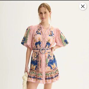 NWOT FARM Rio Dream Garden Pink Mini Dress with Blue and Green Floral Pattern